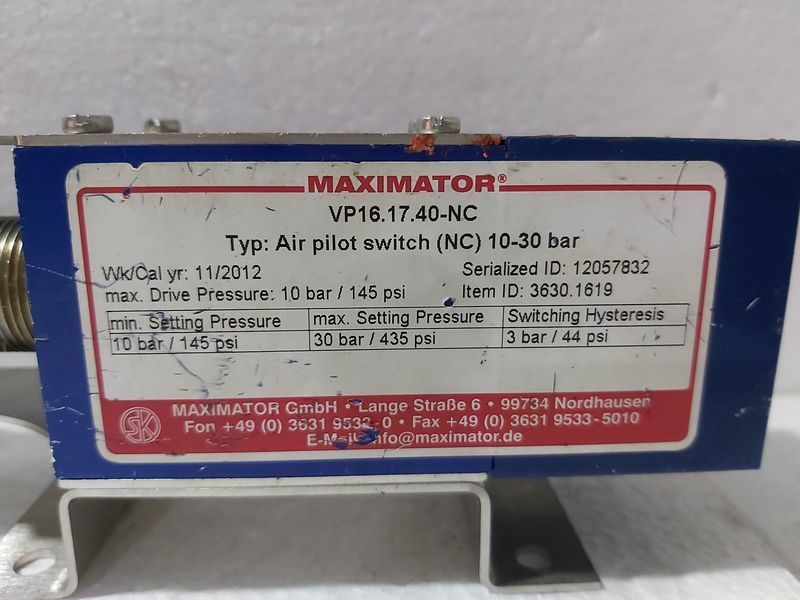 MAXIMATOR VP16.17.40-N0 AIR PILOT SWITCH (N0) 10-30 BAR VALVE