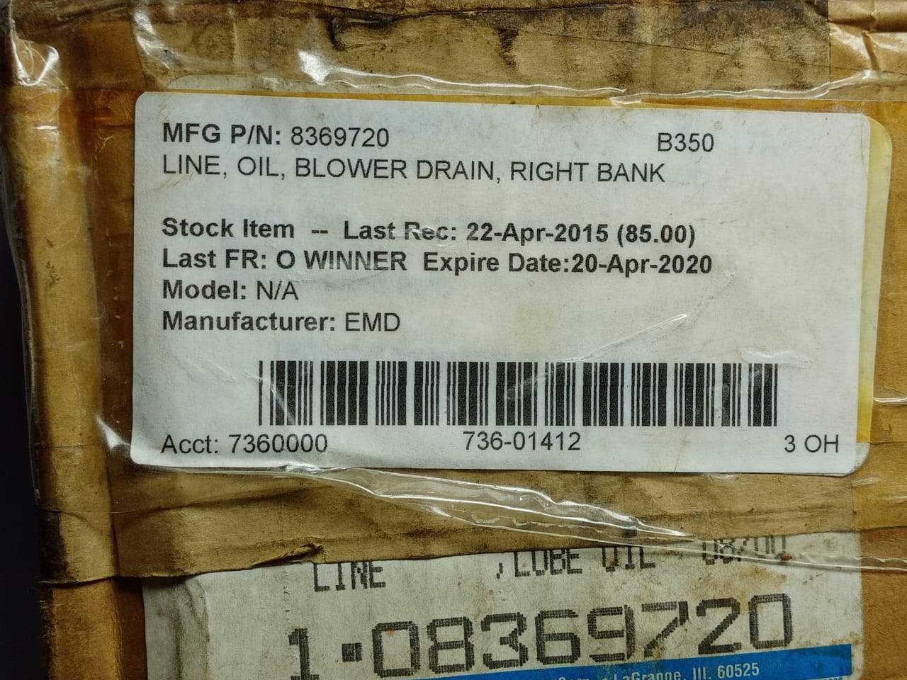 EMD 8369720 Line Oil Blower Drain Right Bank