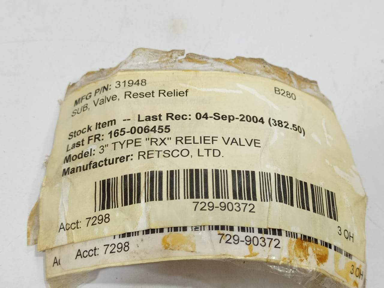 Retsco 31948 Reset Relief Sub Valve