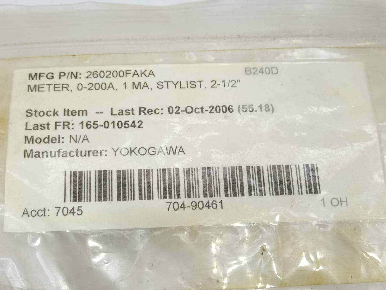 Yokogawa 260200FAKA Meter 0-200 D-C Milliamperes