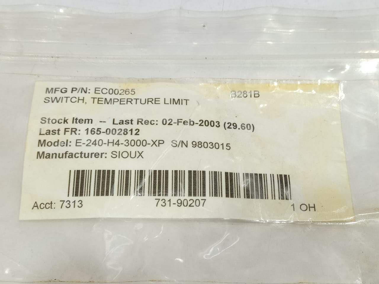 Sioux EC00265 Temperature Limit Switch