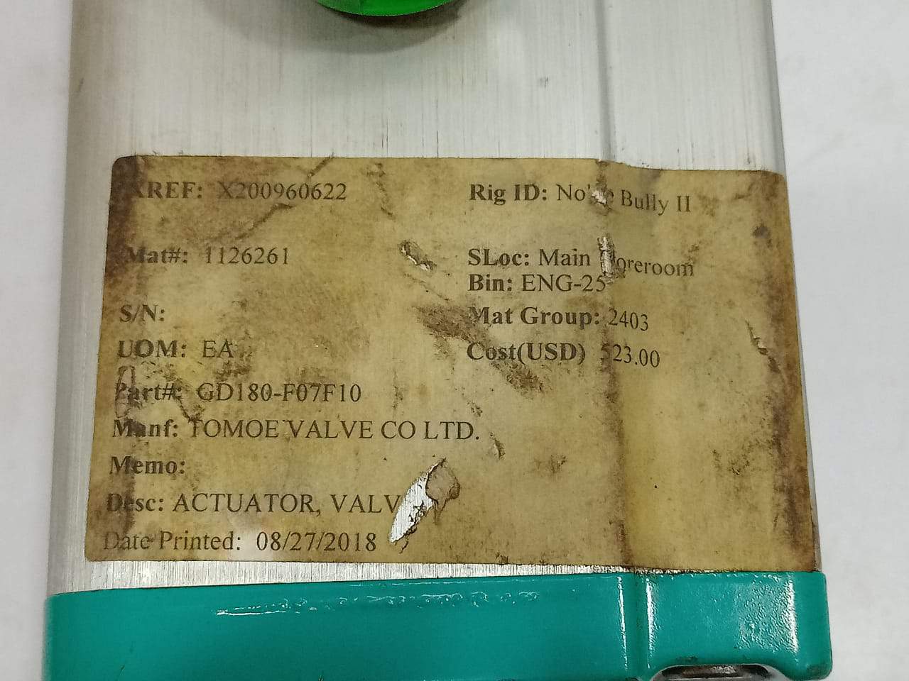 Tomoe Valve GD180-F07F10 Actuator Valve