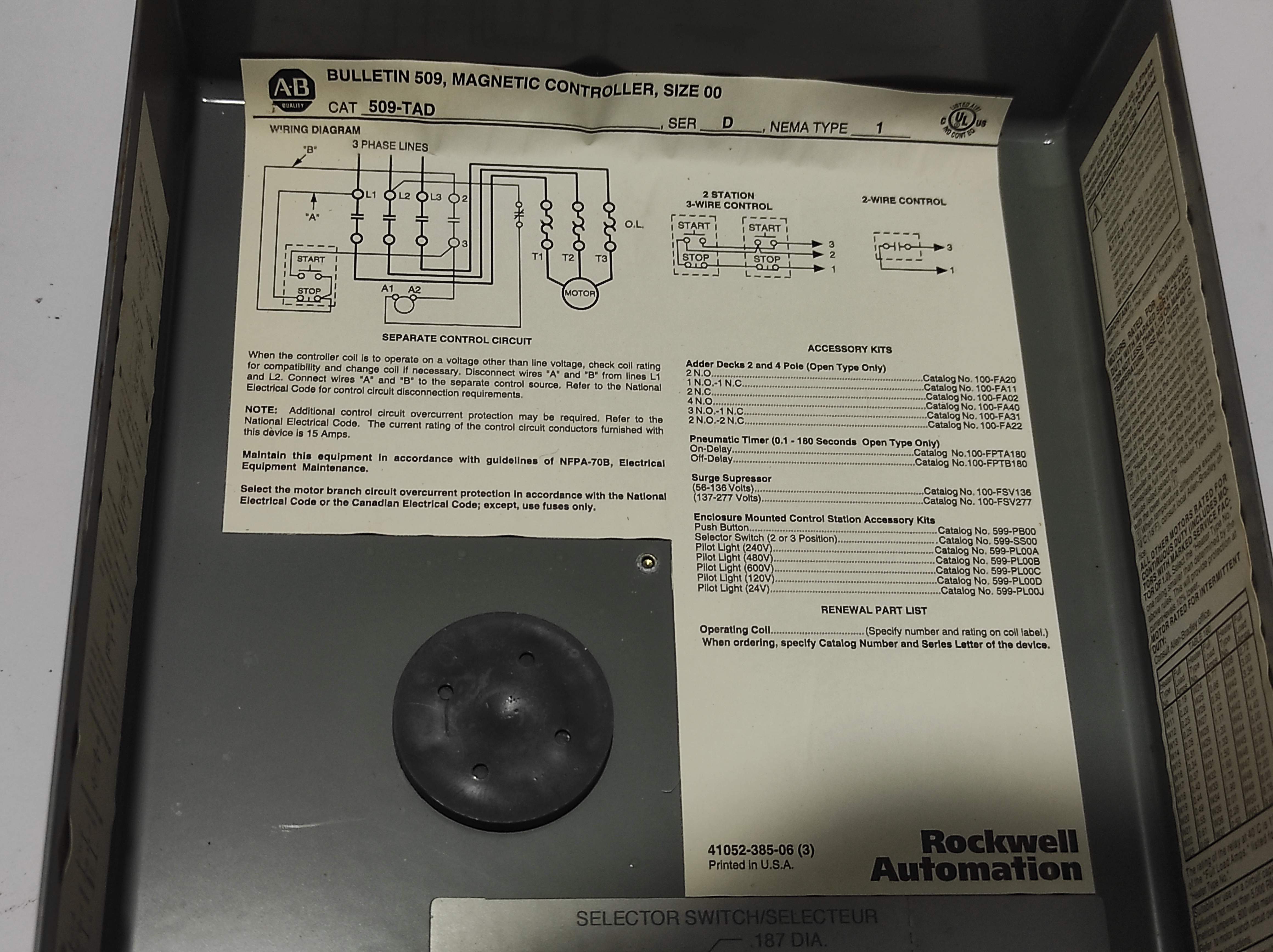 Allen Bradley 509-TAD Ser D Magnetic Controller Size 00 Magnetic Motor Starter