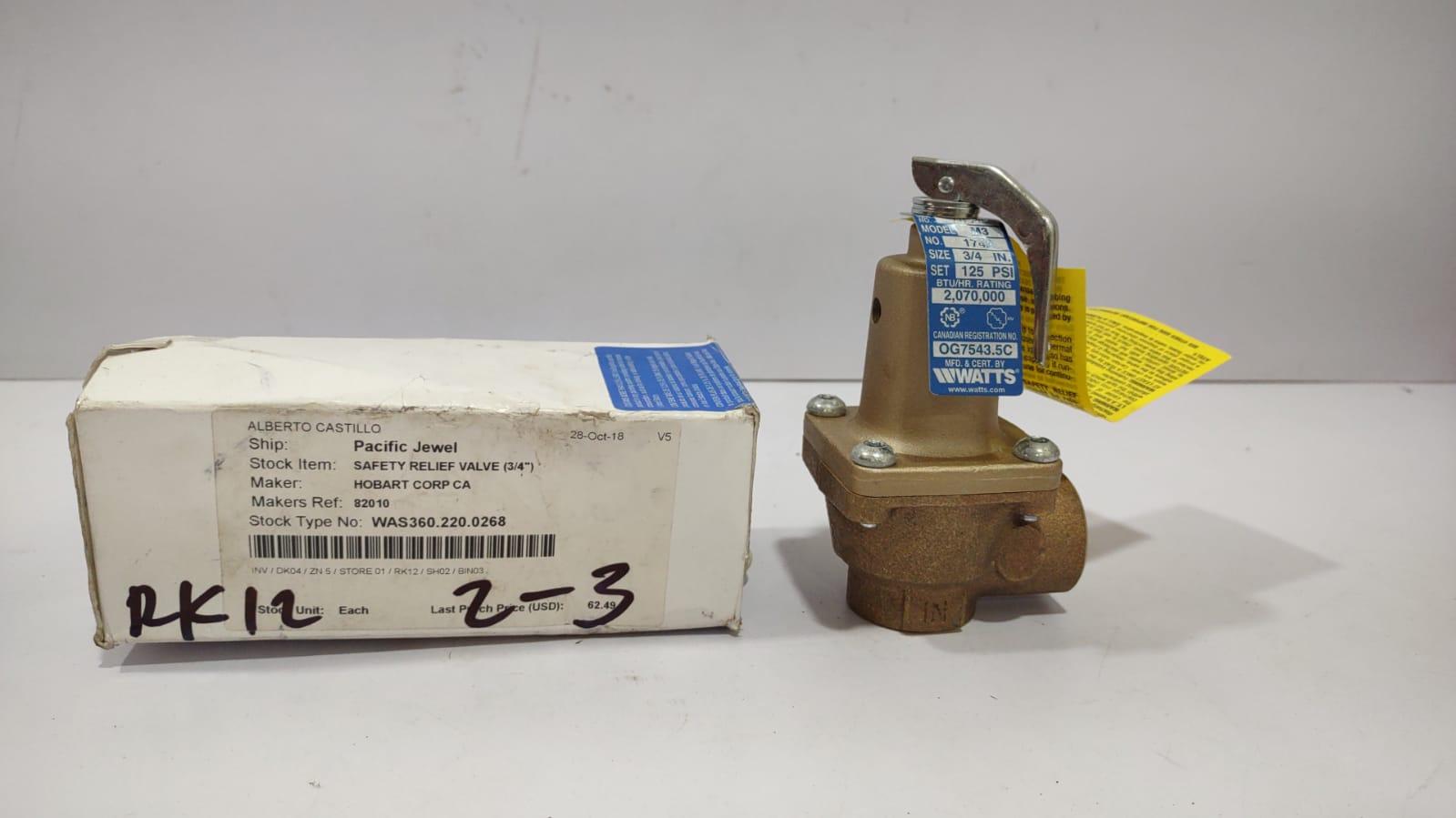 Watts _ 174A-125 ASME Pressure Safety Relief Valve Hobart 00-082010