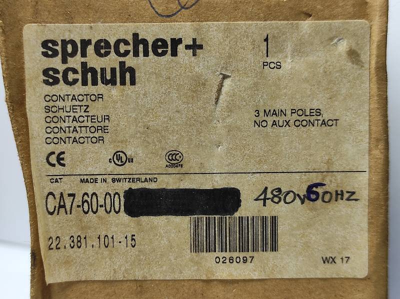 Sprecher Schuh CA7-60-00 Contactor 480V 60Hz