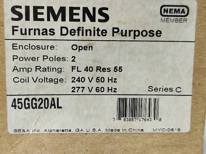 Siemens 45GG20AL Contactor Furnas Definite Purpose Series C 240V 50Hz 277V 60Hz