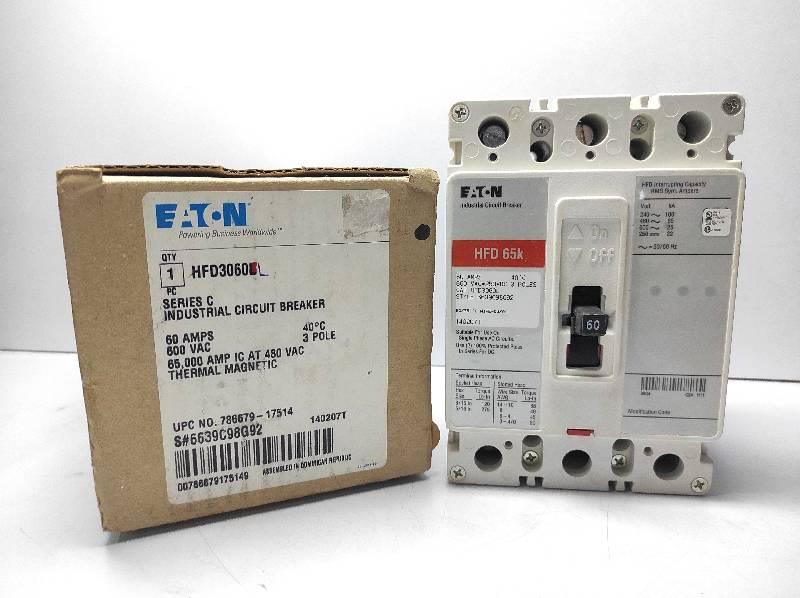 Eaton HFD 65k HFD3060L Series C Industrial Circuit Breaker 60Amps 600VAC 3Pole