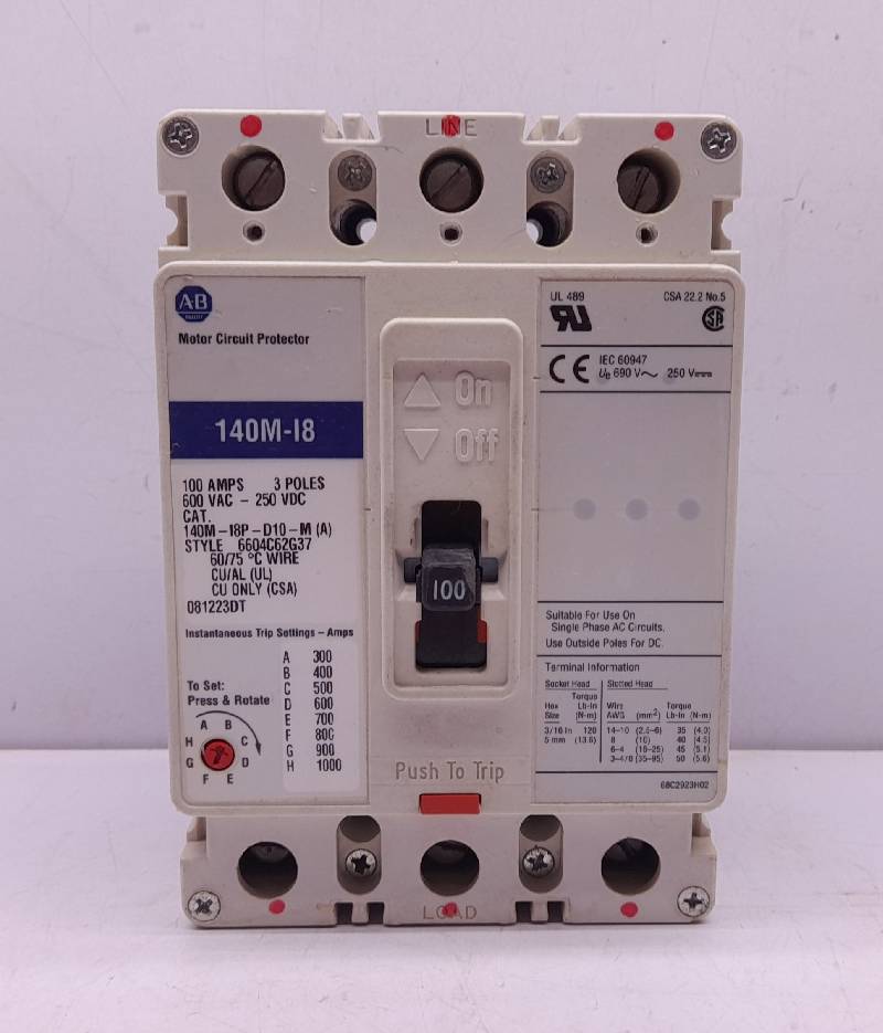 Allen Bradley 140M-I8P-D10-M(A) Circuit Breaker 100A 3P 140M-I8