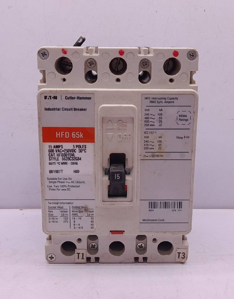 Eaton Cutler Hammer HFD3015VL Circuit Breaker 15A 3P HFD 65k