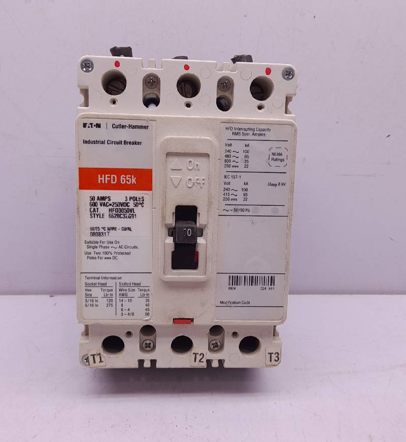 Eaton Cutler Hammer HFD3050VL Circuit Breaker 50A 3P HFD 65k