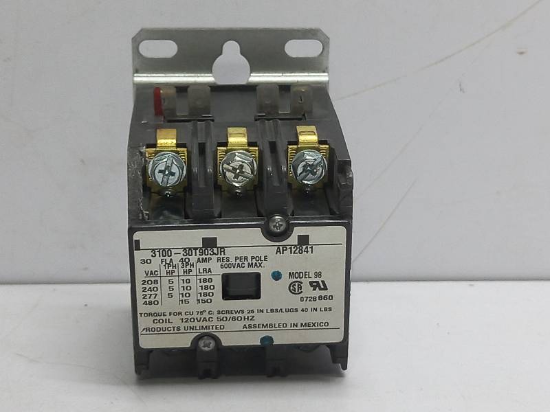 Tyco Model 98 3100-30T903JR Contactor AP12841 Coil 120VAC 5060Hz 30 FLA 40A Res Per Pole