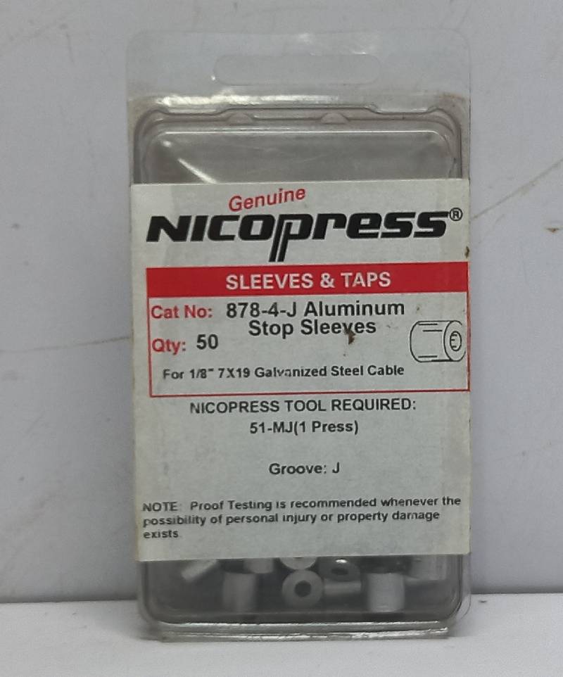 Nicopress 878-4-J Aluminum Stop Sleeves For 18” 7x19 Galvanized Steel Cable - 50PCs/Pack