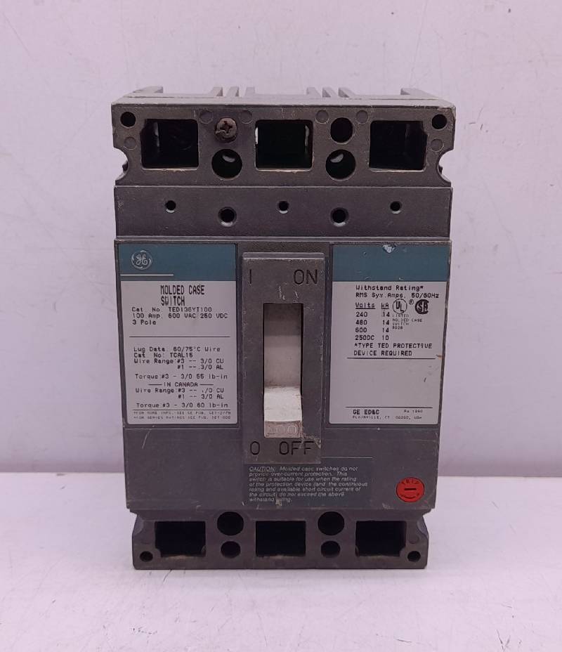 GE TED136YT100 Molded Case Switch Circuit Breaker 3P 100A 600VAC 250VDC 3P