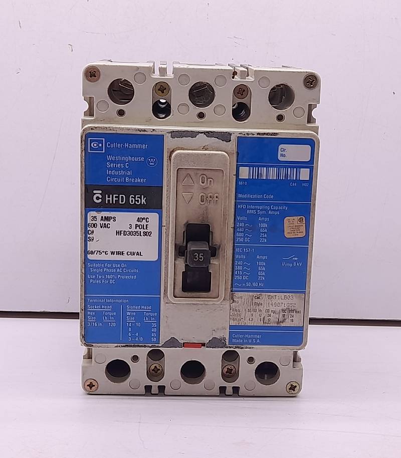 Cutler Hammer Westinghouse HFD3035LS02 Ser C Circuit Breaker 35A 3P 600VAC