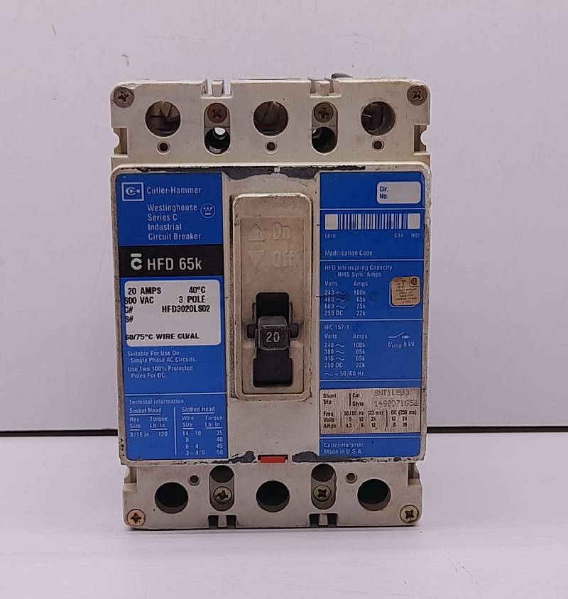 Cutler Hammer Westinghouse HFD3020LS02 Ser C Circuit Breaker 20A 3P 600VAC