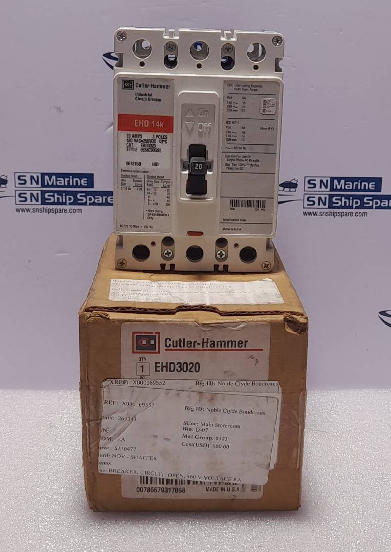 Cutler Hammer EHD3020 Circuit Breaker 20A 3P 480VAC 250VDC 6638C90G85 EHD 14k