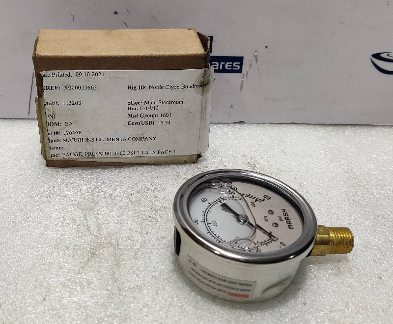 Marsh J7646P Pressure Gauge 2.5”SEVB 1/4NPT 0-60Psi